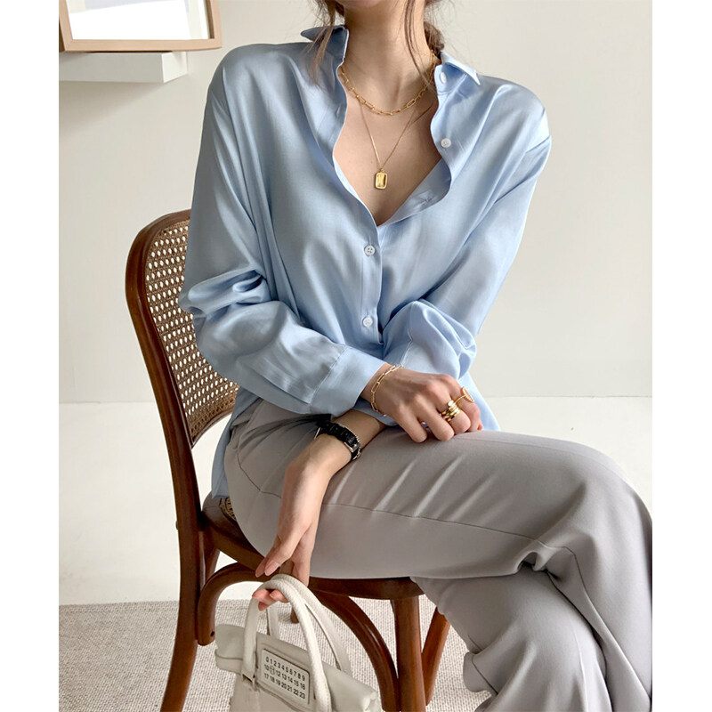 HolidayQueen High quality chic fashion brim joker satin white shirt long sleeve blouseWomen's clothing HQTE101155